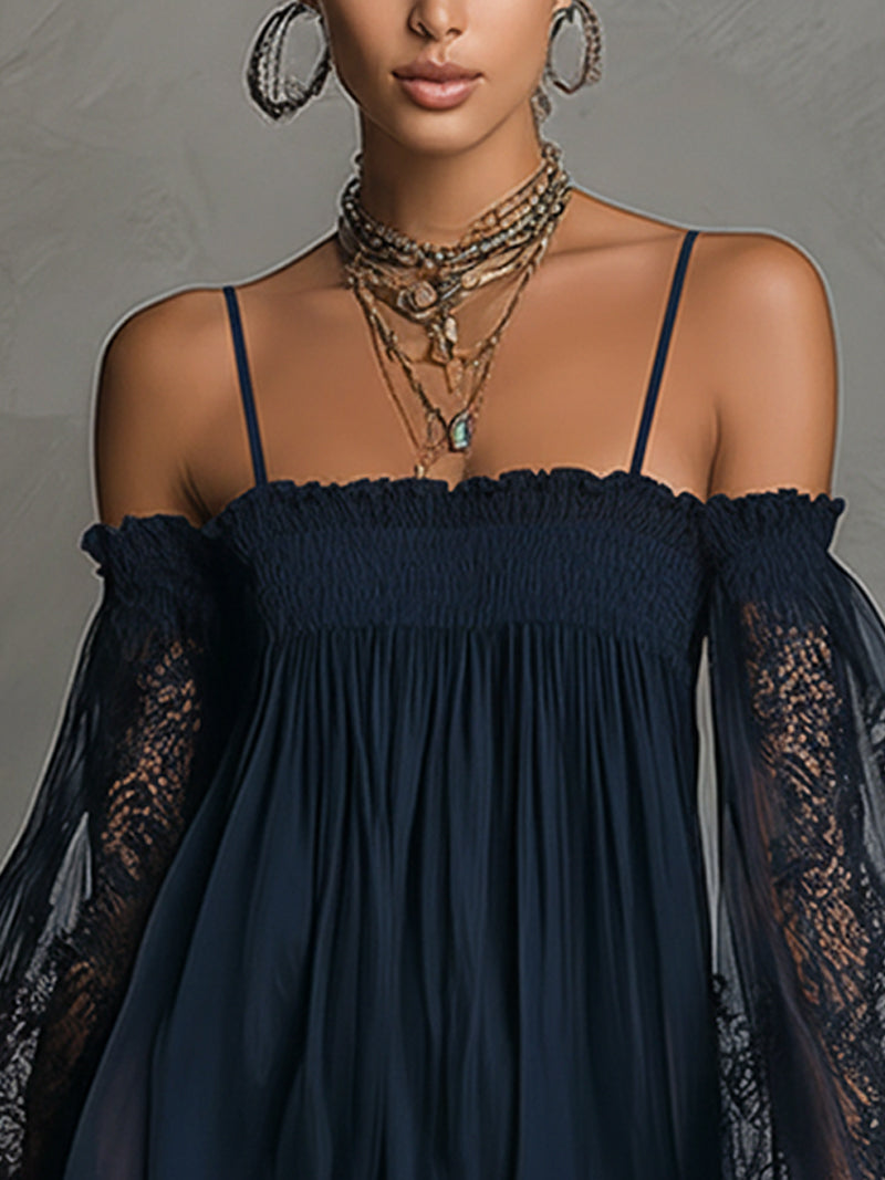 Noemi - Navy blue chiffon mini dress with off-the-shoulder neckline, lace edge and sheer sleeves