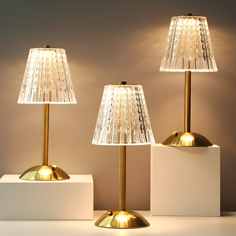 Kristalltischlampe mit Touchdimmer und Akku, goldfarben