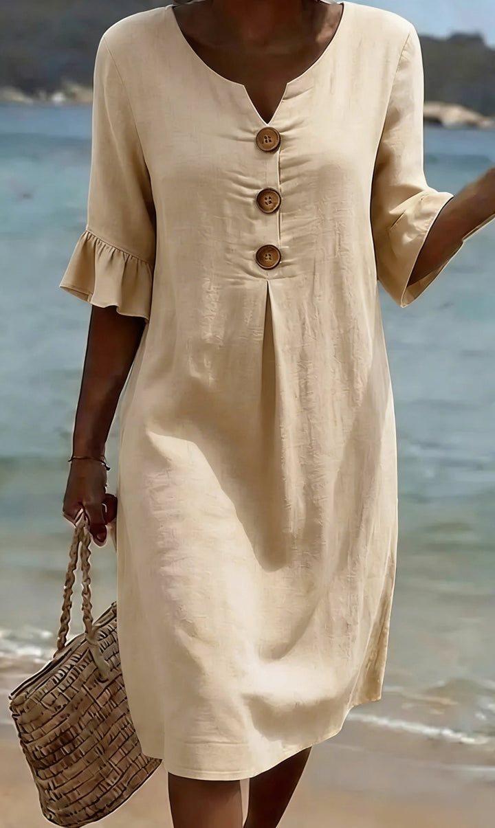 Camille | Elegant Buttoned Linen And Cotton Dress