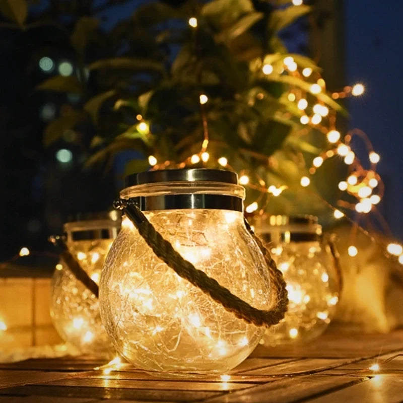 SolarLoom™ Solarleuchte Laterne aus Crackle-Glas mit Juteseil