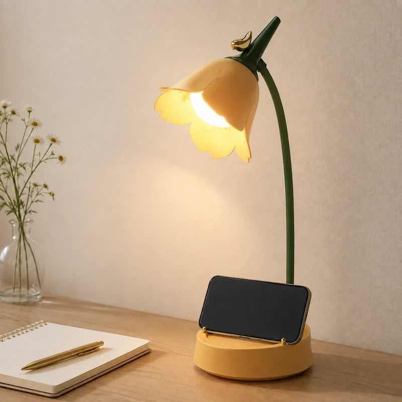 Flowerette Schreibtischlampe mit Blumen-Design und Vogelakzent