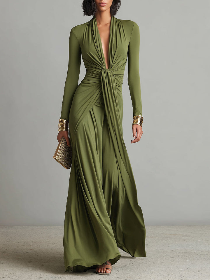 Long Olive Green Dress in Elastic Silk with Deep V-Neck and Gathered Details, Glamorous Maxi Dress