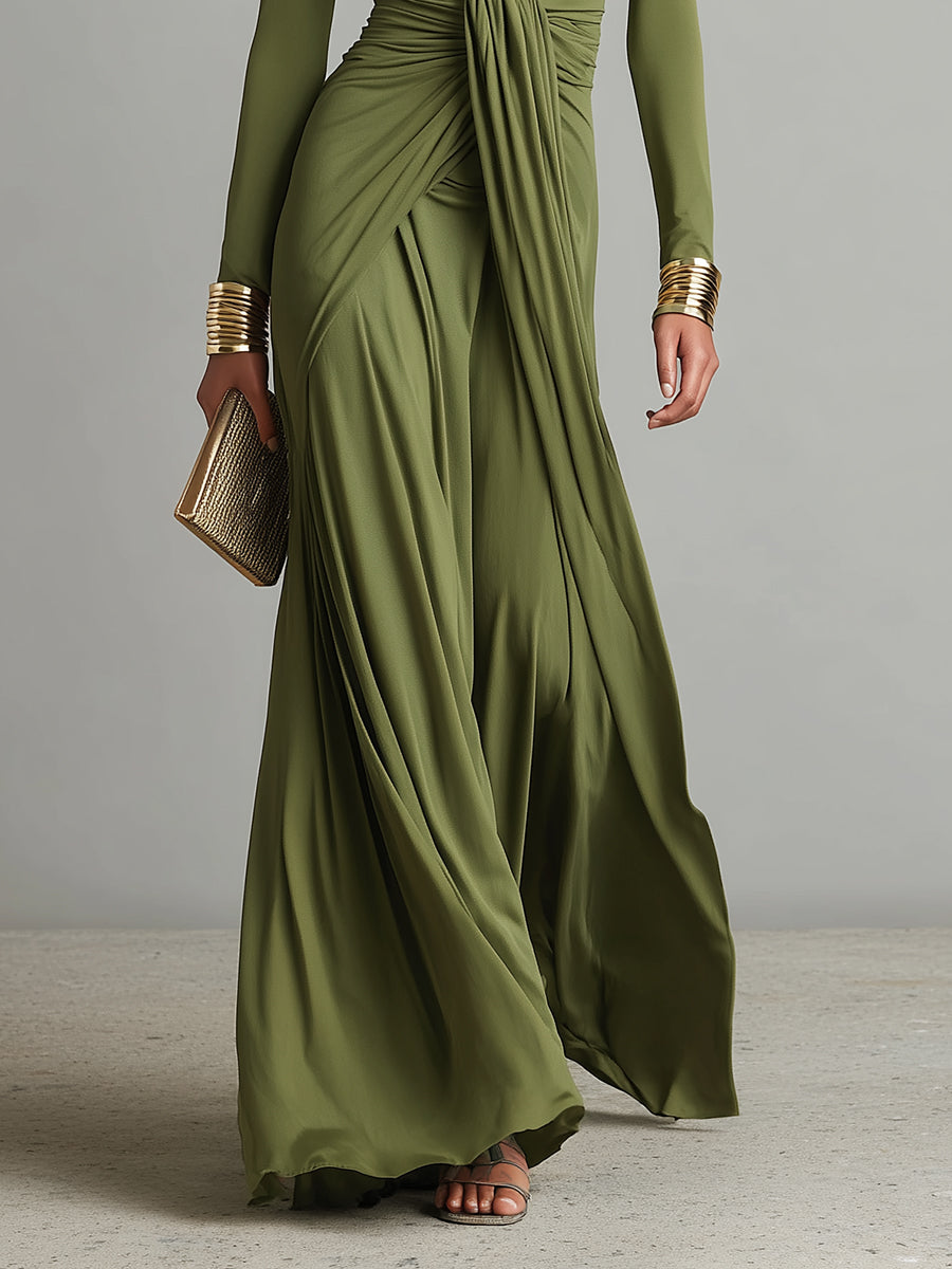 Long Olive Green Dress in Elastic Silk with Deep V-Neck and Gathered Details, Glamorous Maxi Dress