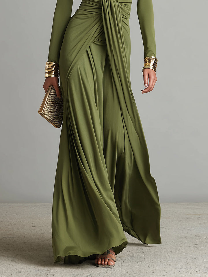 Long Olive Green Dress in Elastic Silk with Deep V-Neck and Gathered Details, Glamorous Maxi Dress