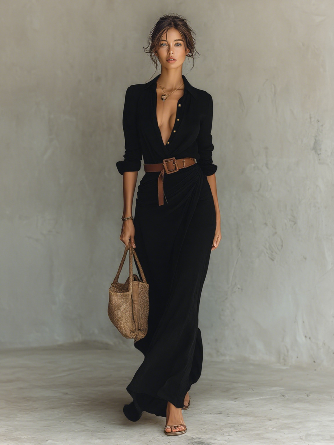 Long Maxi Dress with Lapel Collar and Long Sleeves for Women