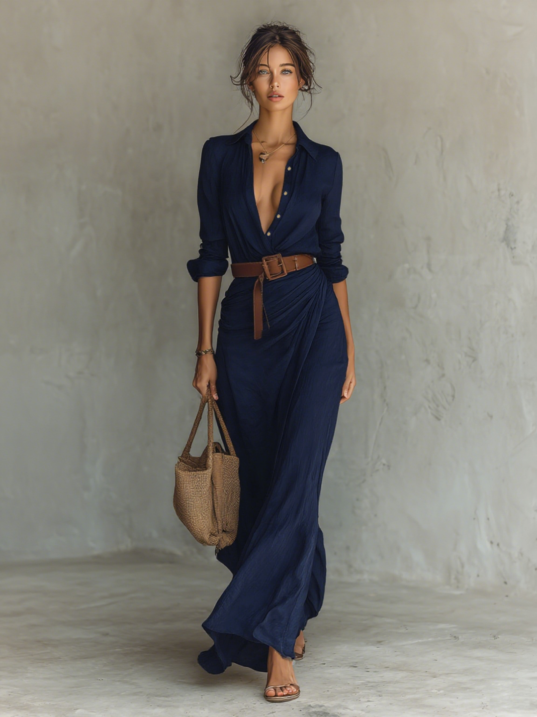 Long Maxi Dress with Lapel Collar and Long Sleeves for Women