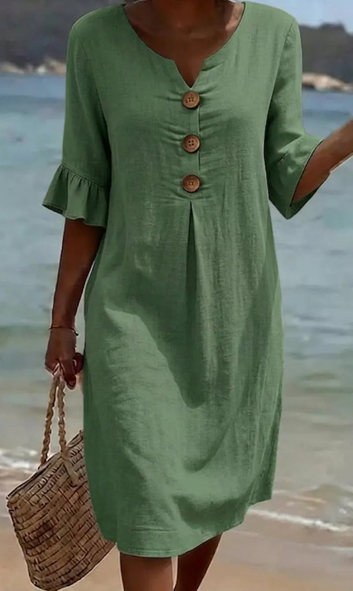 Camille | Elegant Buttoned Linen And Cotton Dress