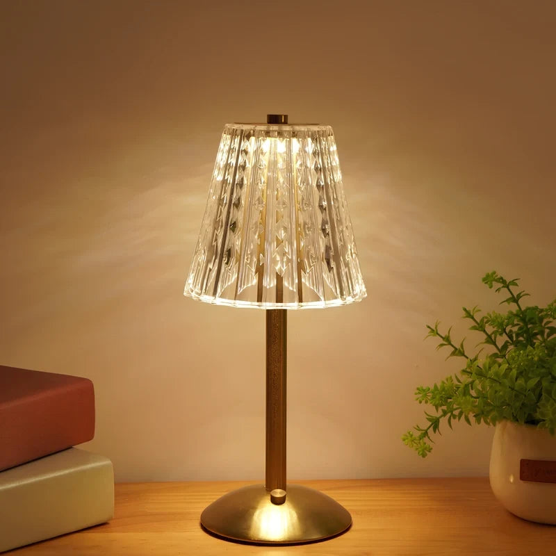 Kristalltischlampe mit Touchdimmer und Akku, goldfarben