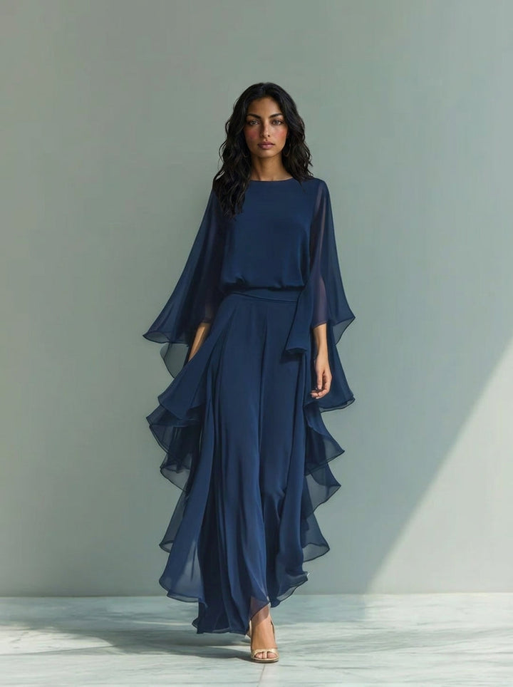 Set of Navy Blue Chiffon Top with Flared Sleeves and Straight Leg Trousers with Ruched Details
