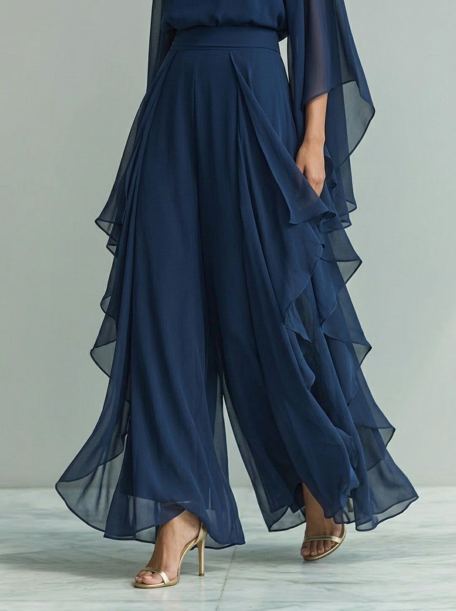 Set of Navy Blue Chiffon Top with Flared Sleeves and Straight Leg Trousers with Ruched Details