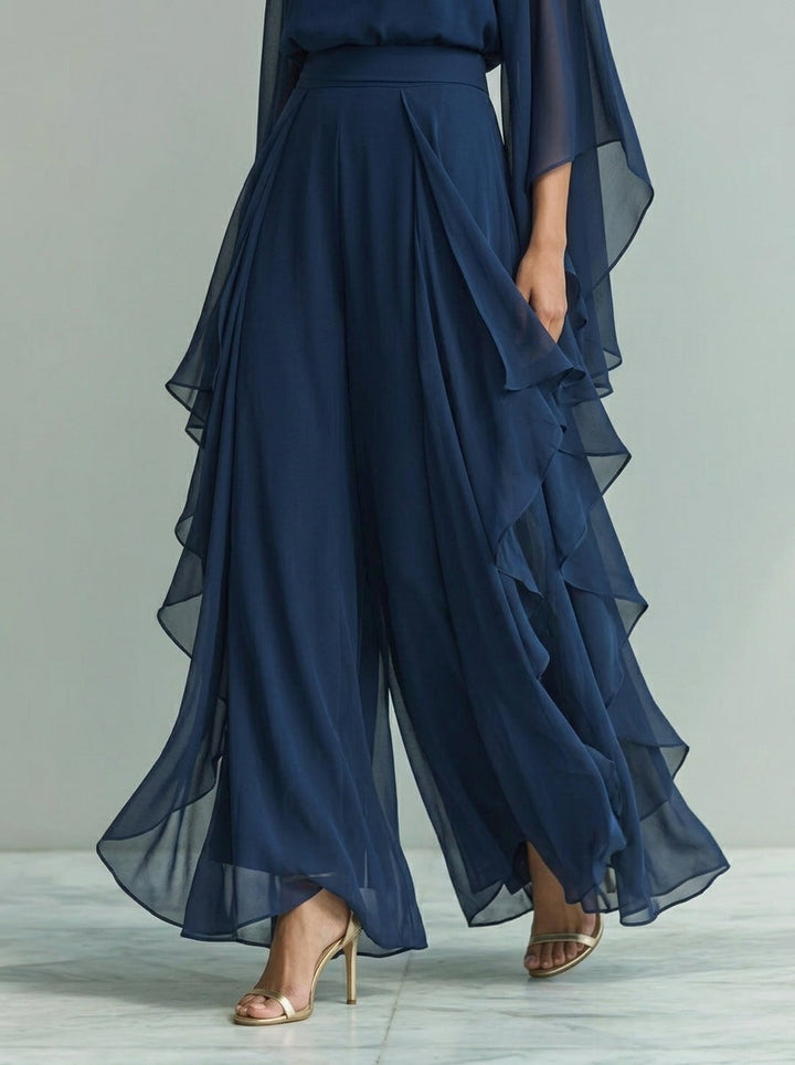 Set of Navy Blue Chiffon Top with Flared Sleeves and Straight Leg Trousers with Ruched Details