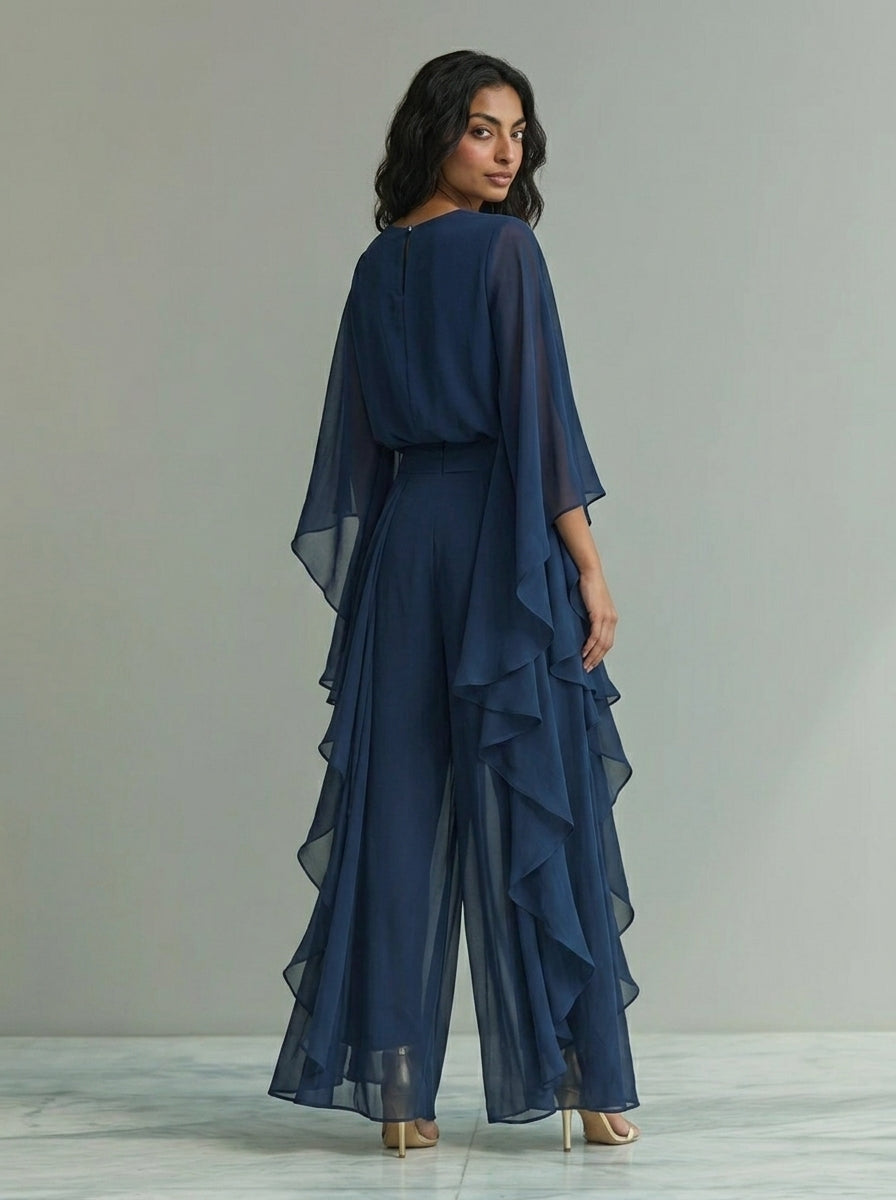 Set of Navy Blue Chiffon Top with Flared Sleeves and Straight Leg Trousers with Ruched Details