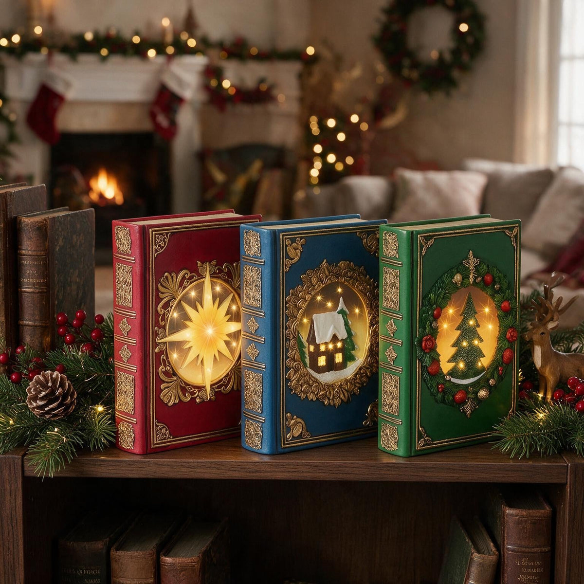Leuchtende Weihnachtsbücher Sparset mit warmem LED-Licht in Blau, Rot und Grün, 22 x 16,5 x 6,5 cm