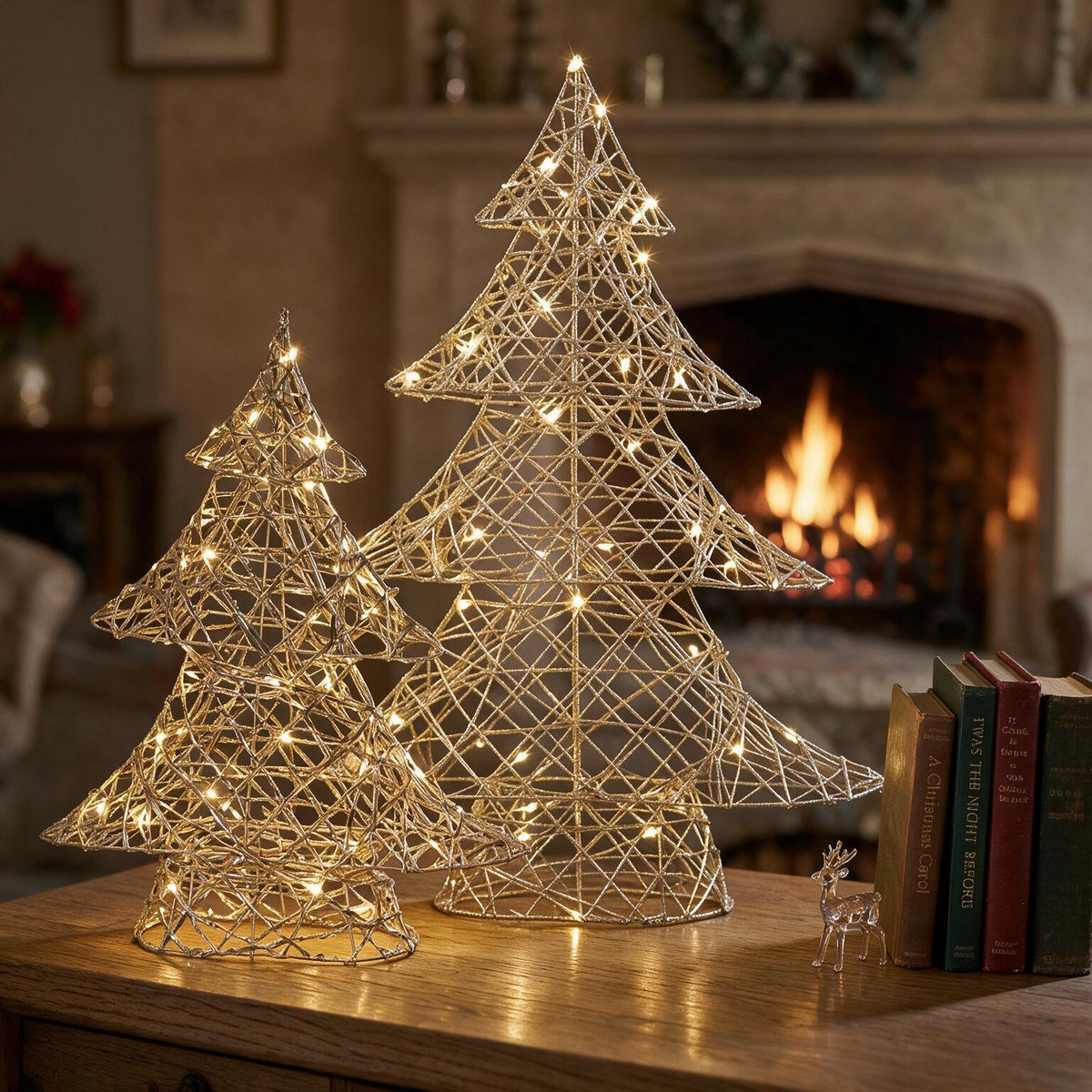 Goldene LED-Lichtbäume „Festtagsfreude“ - Sparset, 40 x 34 x 10 cm und 60 x 48 x 11 cm