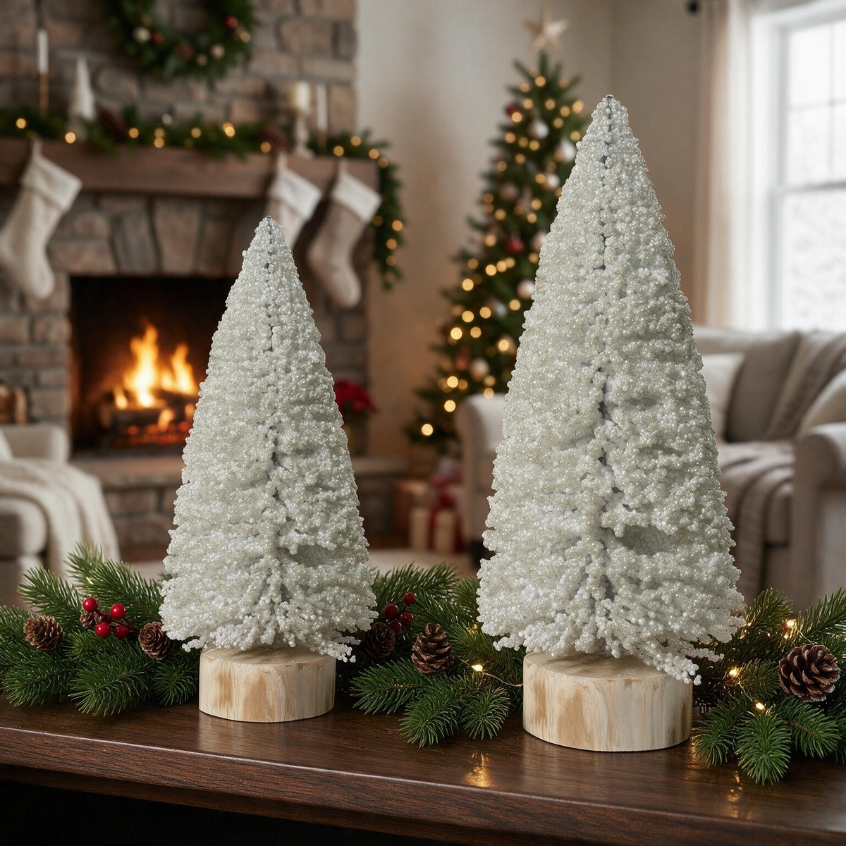 Mini-Weihnachtsbäume Pearls - Sparset, 24 cm und 32 cm, weiß mit Holzsockel