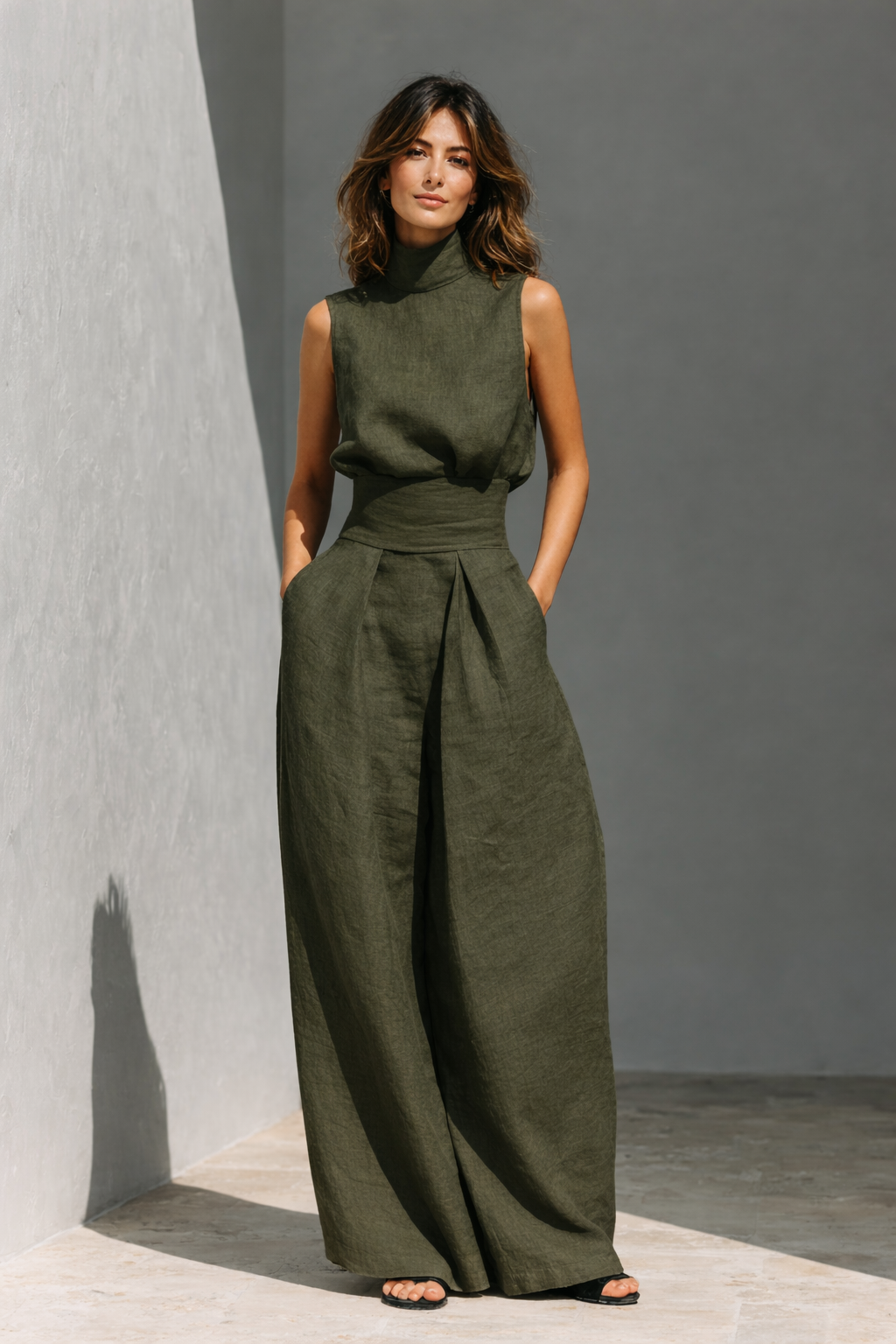 Maria - Minimalist cotton and linen tank top and loose trousers set for women