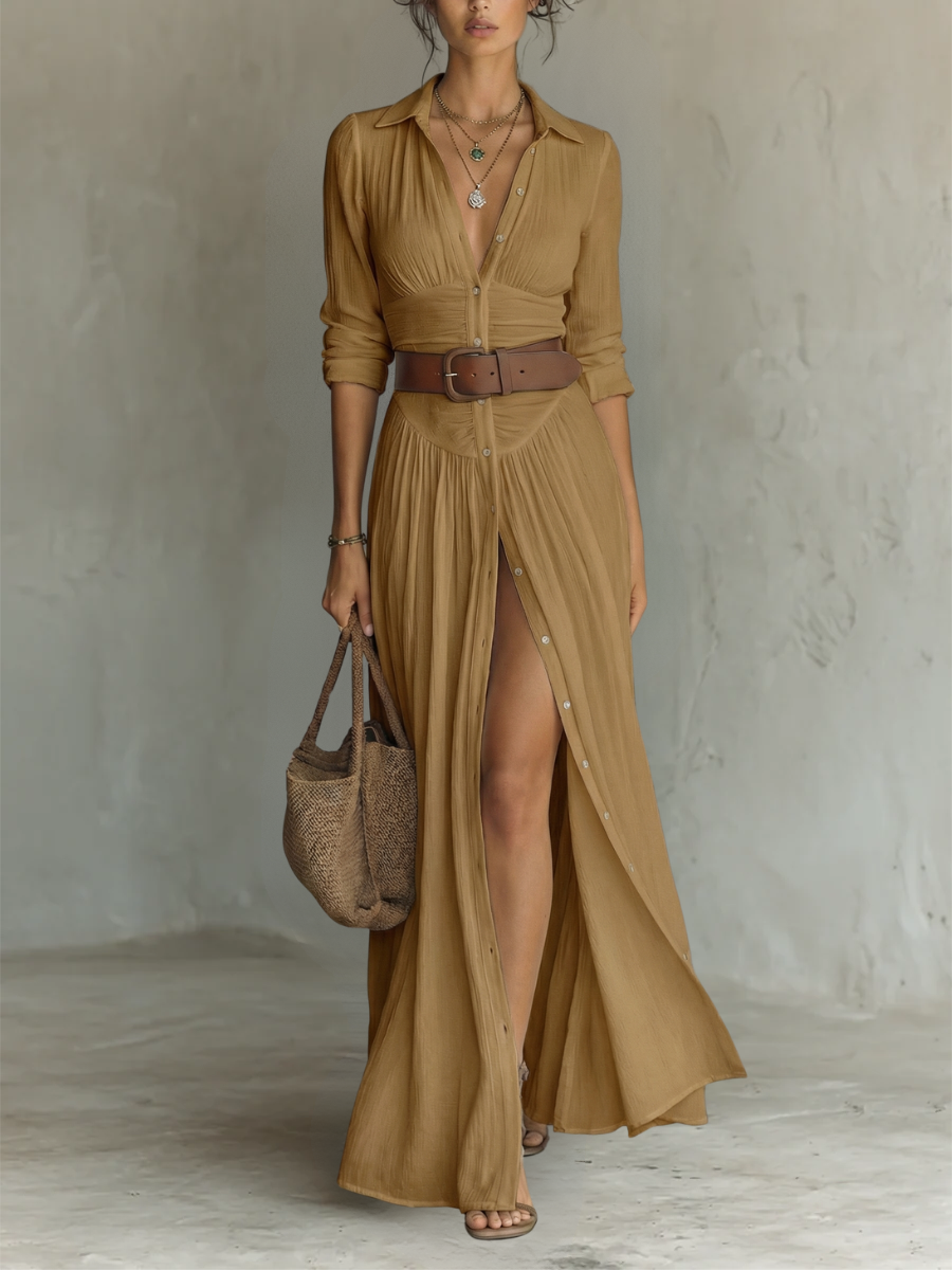 Long Maxi Dress with Lapel Collar and Long Sleeves in Linen for Women