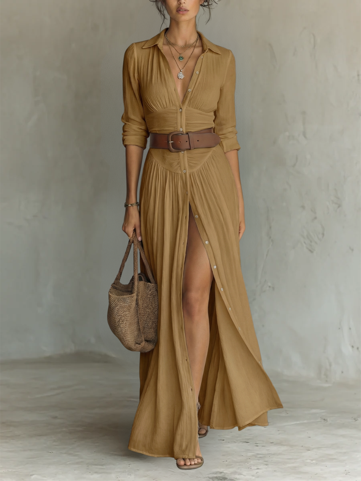 Long Maxi Dress with Lapel Collar and Long Sleeves in Linen for Women