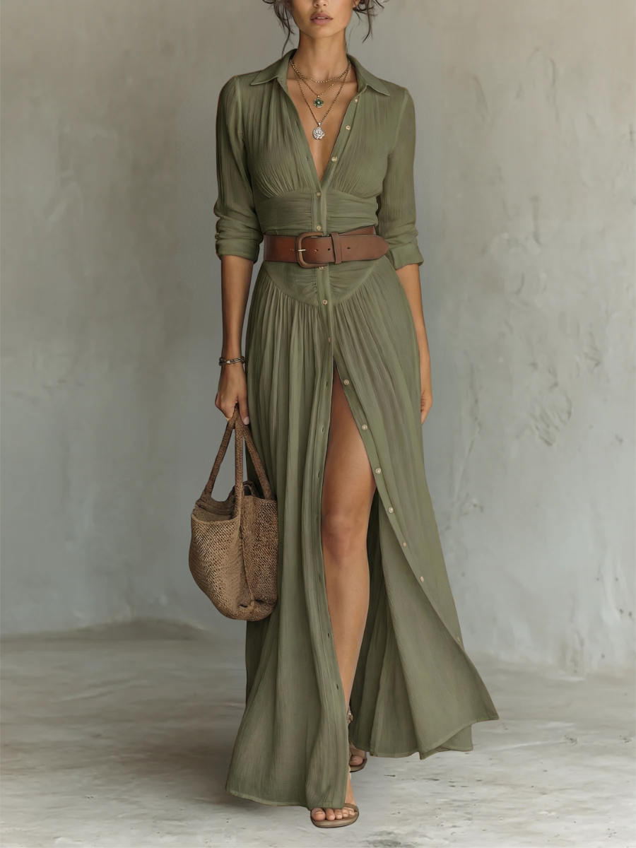 Long Maxi Dress with Lapel Collar and Long Sleeves in Linen for Women