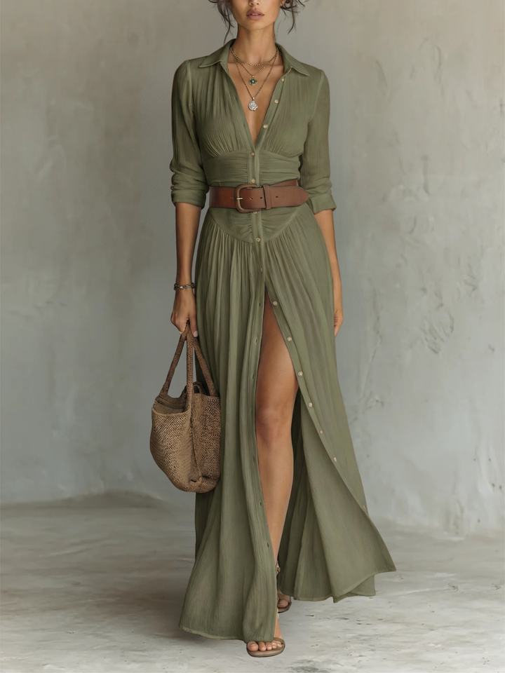 Long Maxi Dress with Lapel Collar and Long Sleeves in Linen for Women