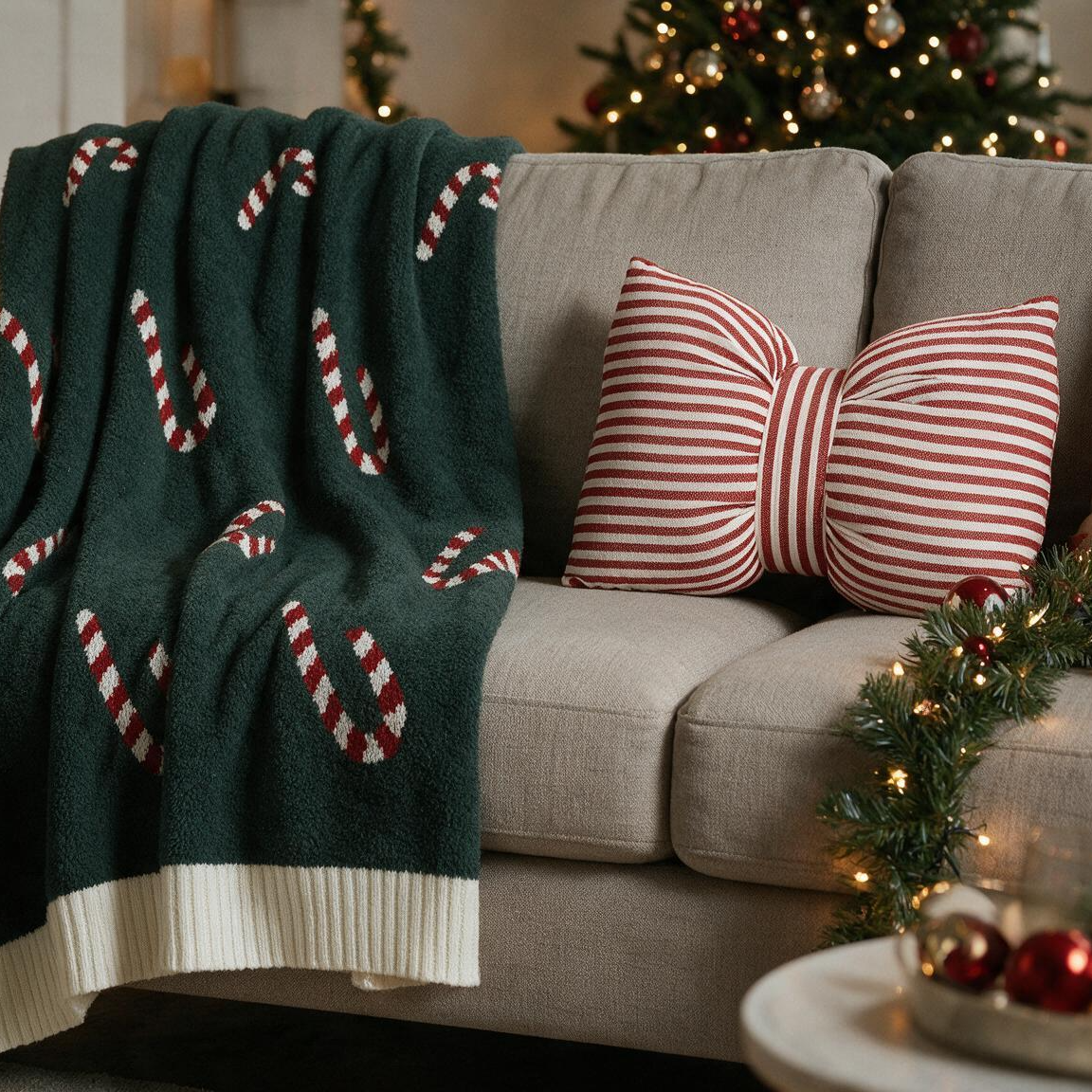 Festliches Kuschelduo - Sparset mit Kuscheldecke „Zuckerstange“ und Schleifenkissen „Nordischer Wintertraum“