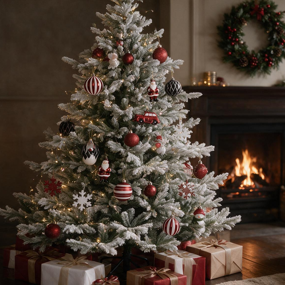 Premium Tanne Grandis Fir verschneit mit Baumschmuck - Sparset 180 cm Rot-Weiß 25 Teile