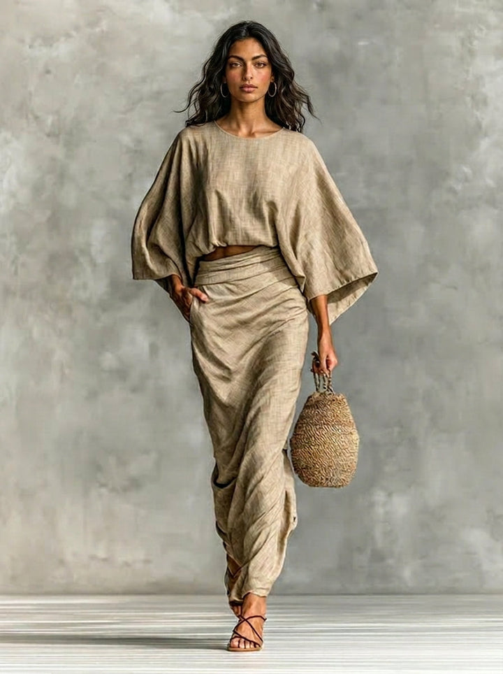 Two-piece set with long skirt in cotton and linen blend with batwing sleeves