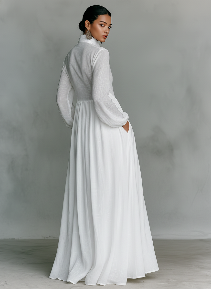 Minimalist Maxi Dress in Cotton and Linen with Patchwork, Stand-up Collar and Long Sleeves