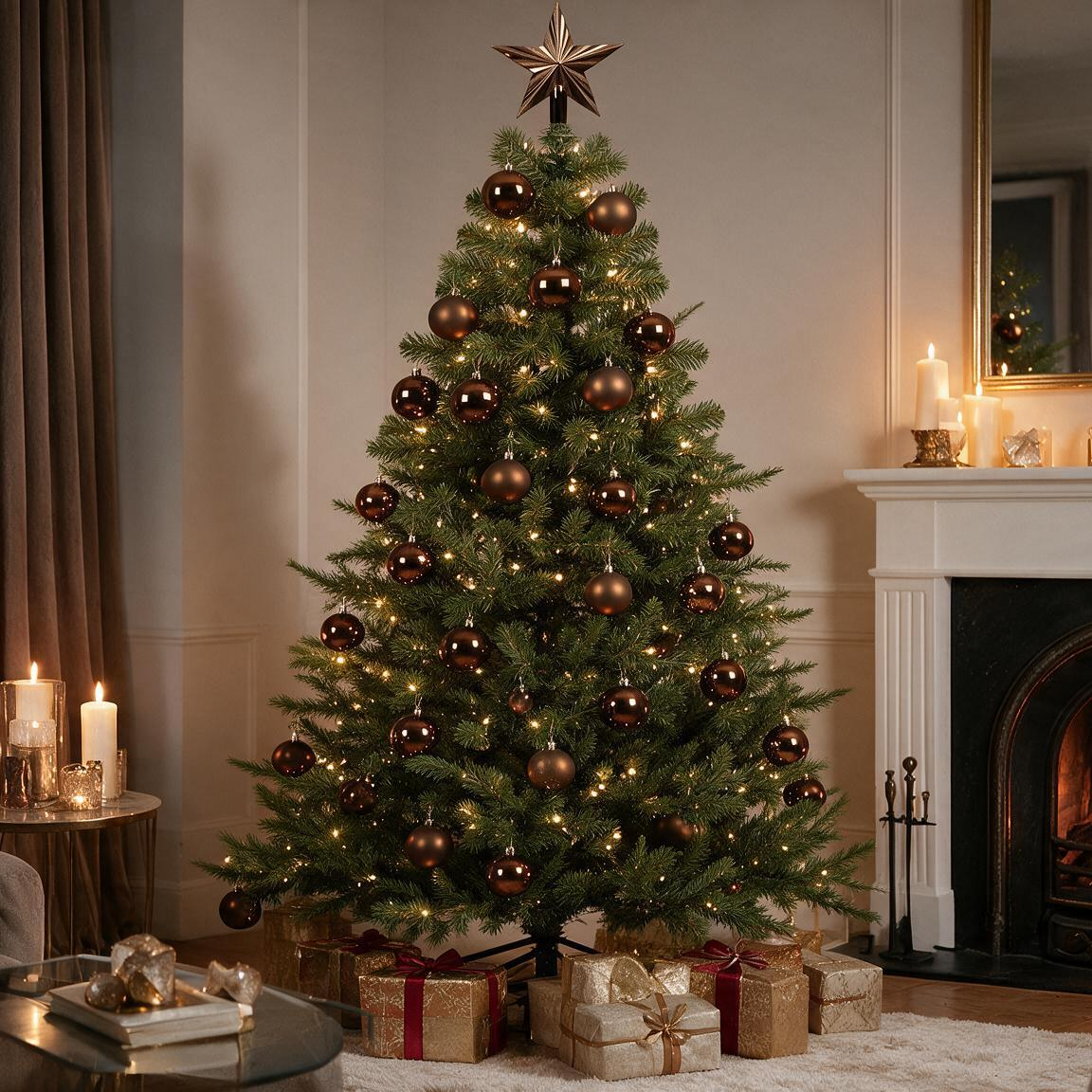 Premium Norway Tanne mit Baumschmuck, Spitze und warmweißer LED-Beleuchtung - Sparset 210 cm, 33 Teile