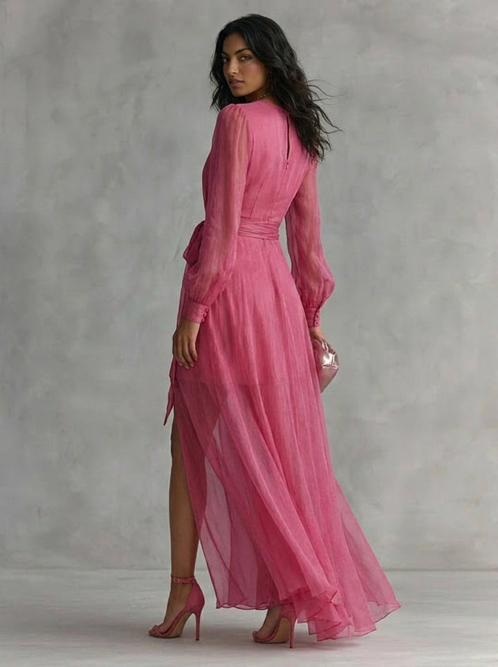 Elegant pink chiffon long dress with pearls and V-neck for women