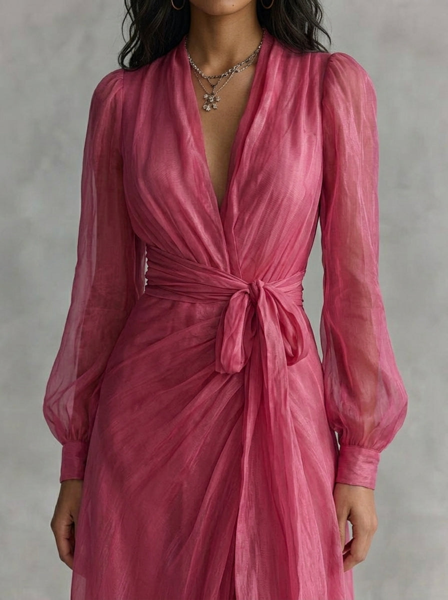 Elegant pink chiffon long dress with pearls and V-neck for women