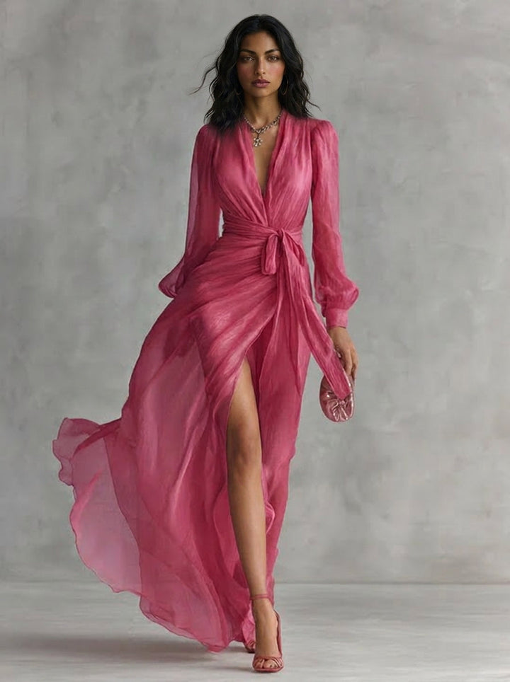 Elegant pink chiffon long dress with pearls and V-neck for women