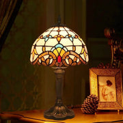 Antike Tischlampe mit Glasmalerei im Barock- oder Blumenmuster