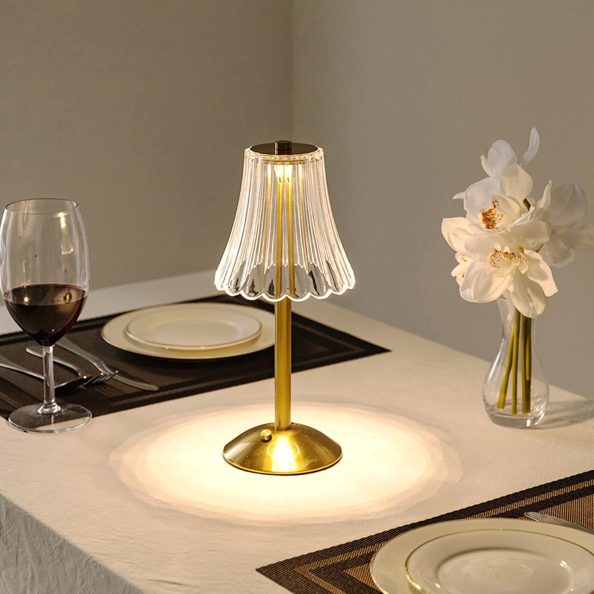 Kristalltischlampe mit Touchdimmer und Akku, goldfarben