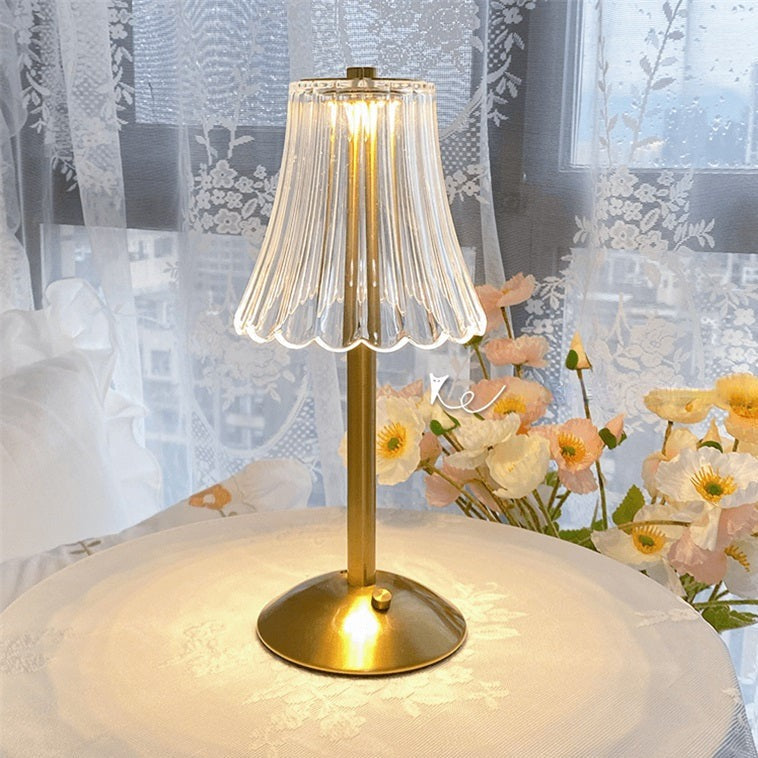 Kristalltischlampe mit Touchdimmer und Akku, goldfarben