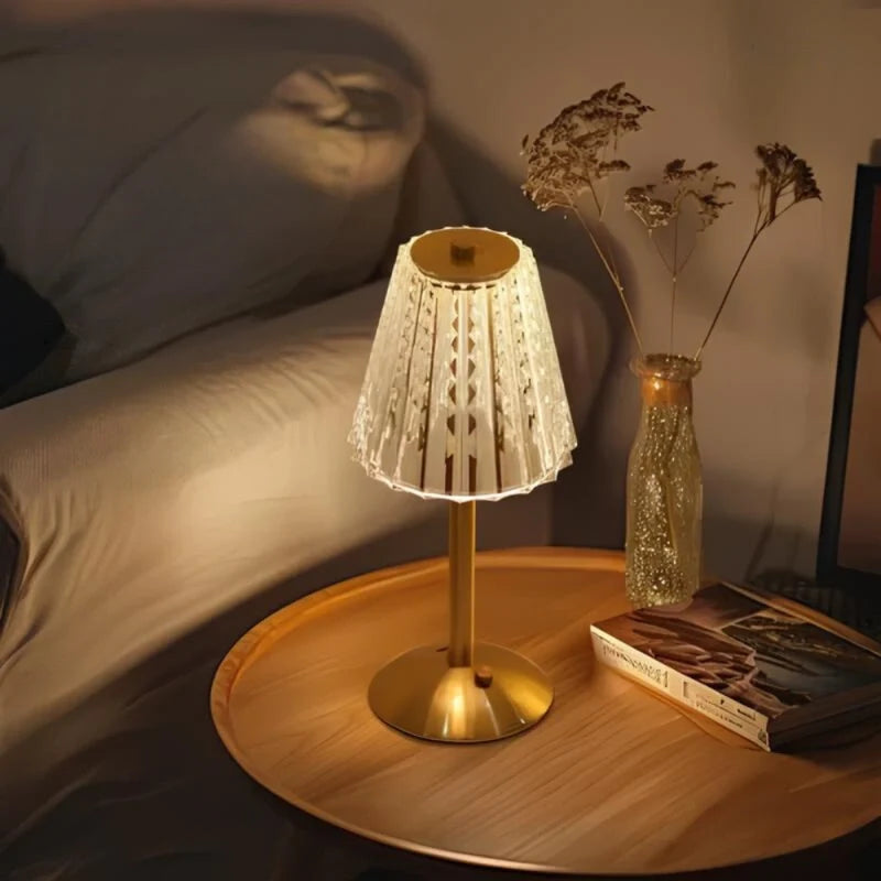 Kristalltischlampe mit Touchdimmer und Akku, goldfarben