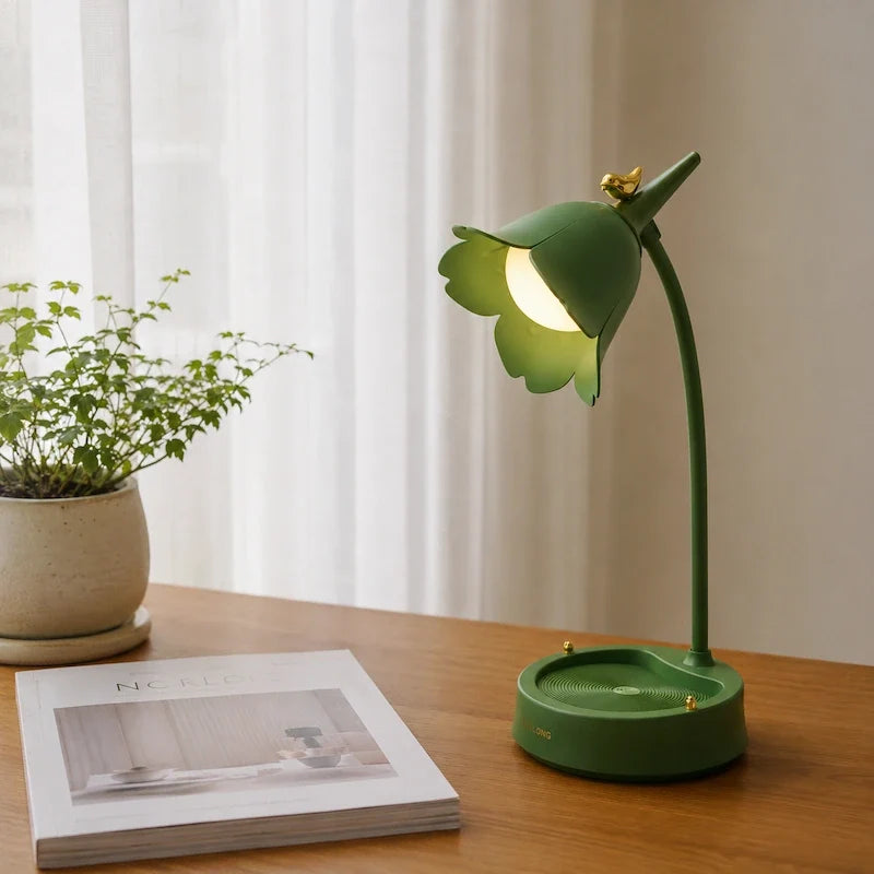 Flowerette Schreibtischlampe mit Blumen-Design und Vogelakzent