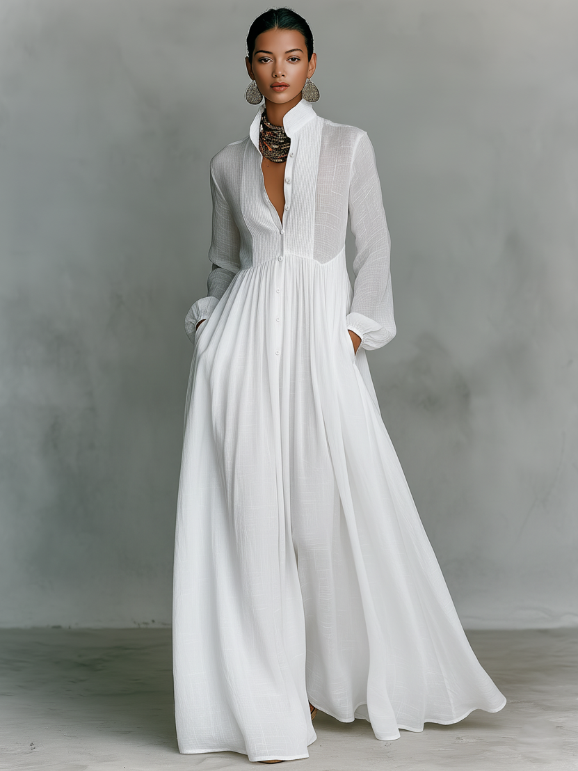 Minimalist Maxi Dress in Cotton and Linen with Patchwork, Stand-up Collar and Long Sleeves