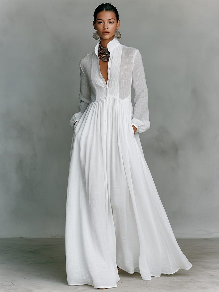 Minimalist Maxi Dress in Cotton and Linen with Patchwork, Stand-up Collar and Long Sleeves