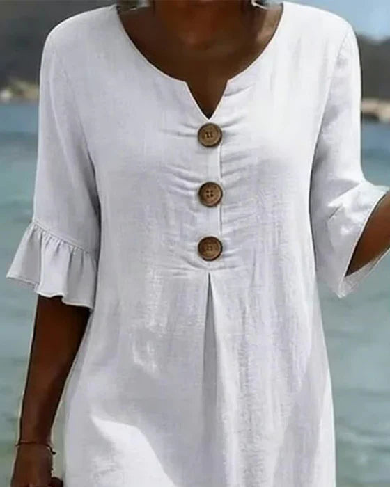 Camille | Elegant Buttoned Linen And Cotton Dress