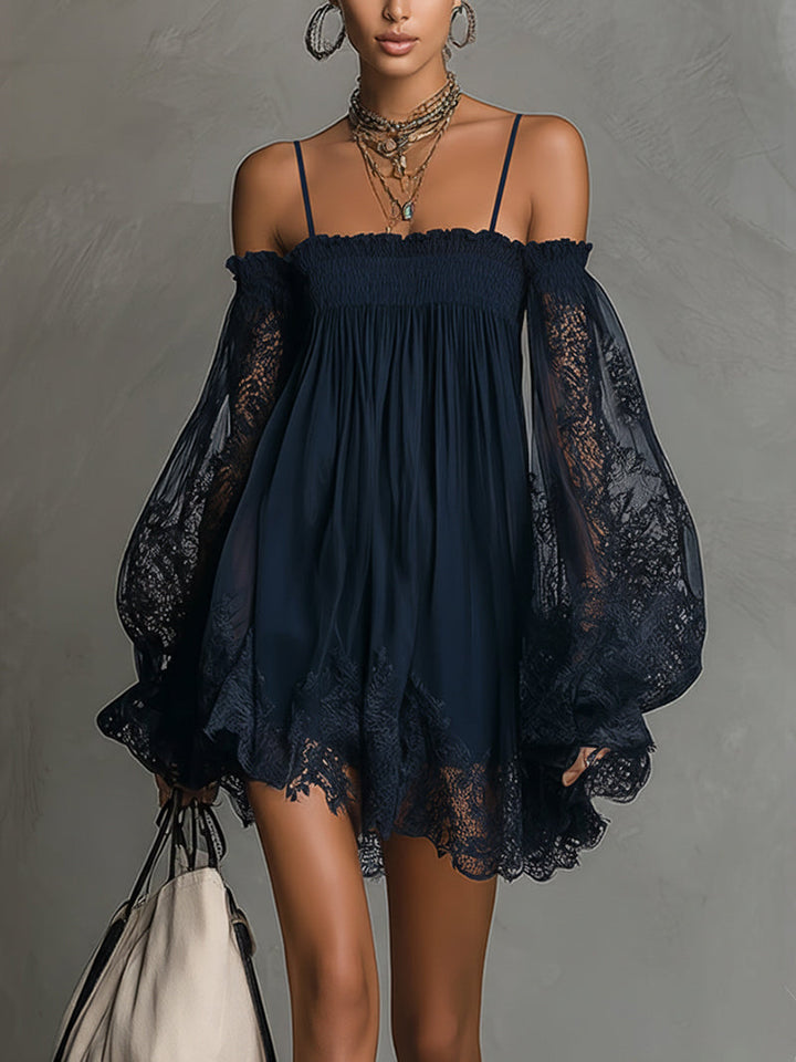 Noemi - Navy blue chiffon mini dress with off-the-shoulder neckline, lace edge and sheer sleeves