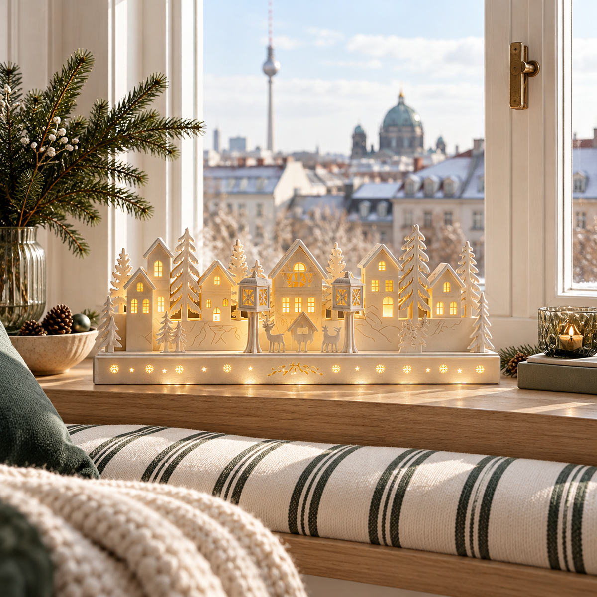 AUREEN Weihnachtsinspiration – LED village on oak bay window bench with striped cushion, Berlin roofscape outside, bright day