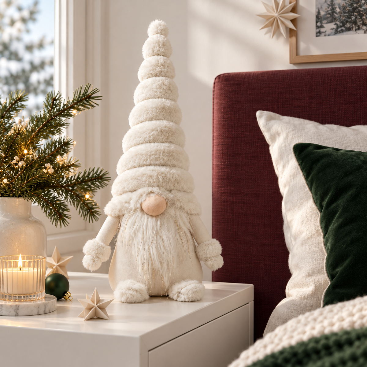 AUREEN Weihnachtsinspiration – White plush gnome on slim white bedside shelf, burgundy linen headboard, tiny paper stars, daylight