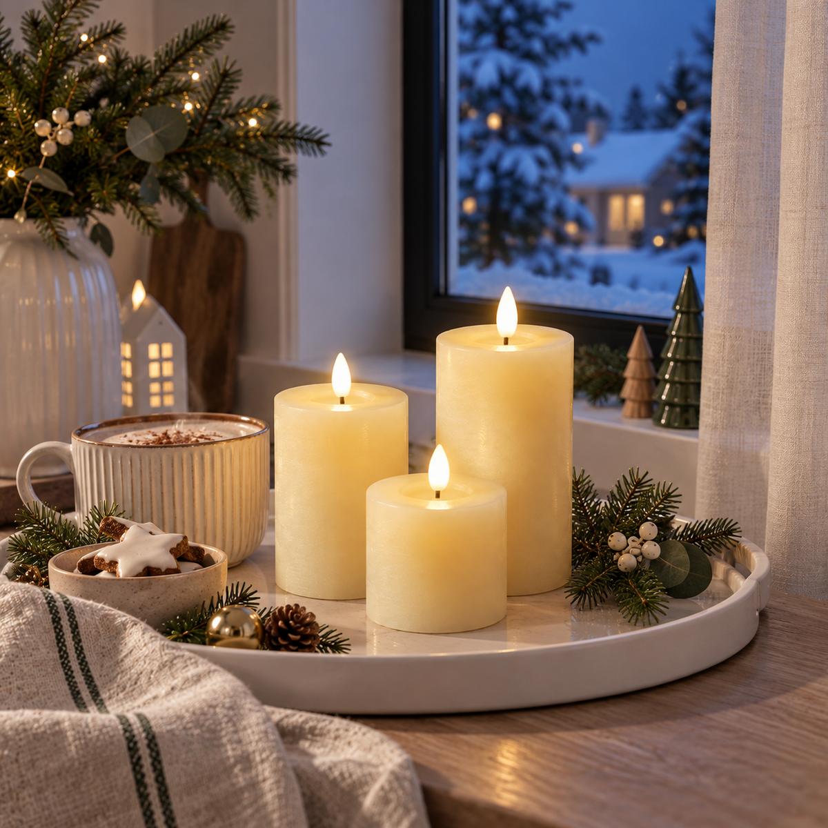 AUREEN Weihnachtsinspiration – Three LED candles on ceramic white breakfast tray by snowy window with linen drape, blue-hour lighting