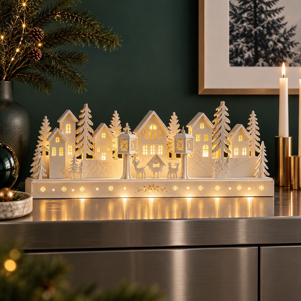 AUREEN Weihnachtsinspiration – Wooden LED village on minimalist stainless console, dark teal wall, bright warm LEDs, tight eye-level framing