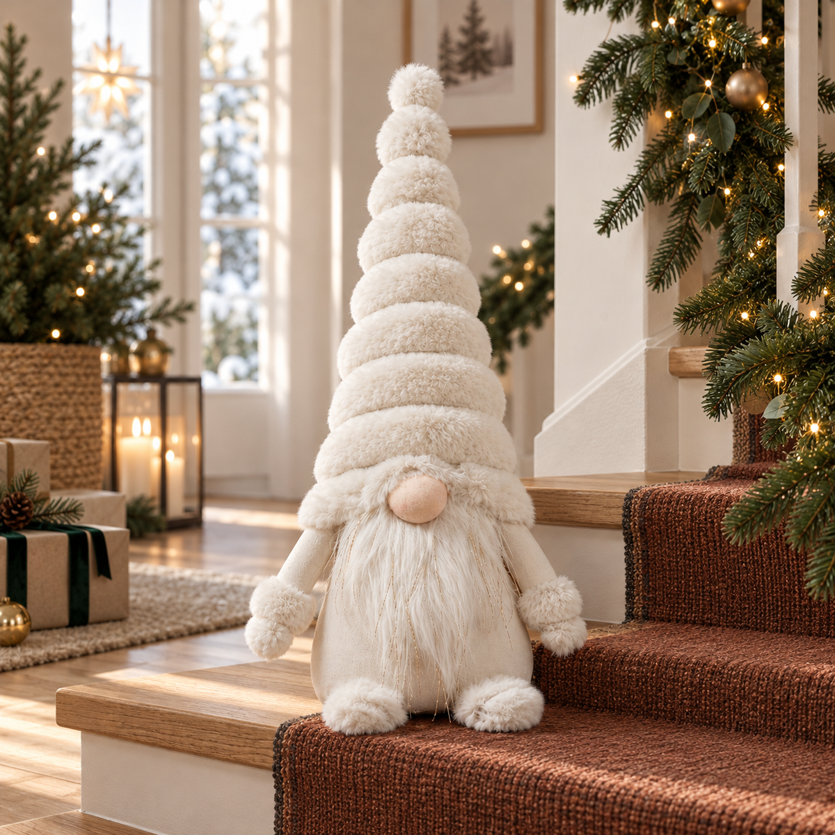 AUREEN Weihnachtsinspiration – White plush gnome on wood stair landing with muted rust runner, delicate fir garland, warm natural daylight