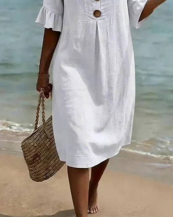 Camille | Elegant Buttoned Linen And Cotton Dress