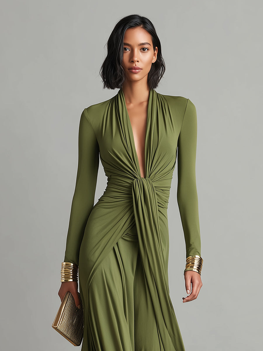 Long Olive Green Dress in Elastic Silk with Deep V-Neck and Gathered Details, Glamorous Maxi Dress