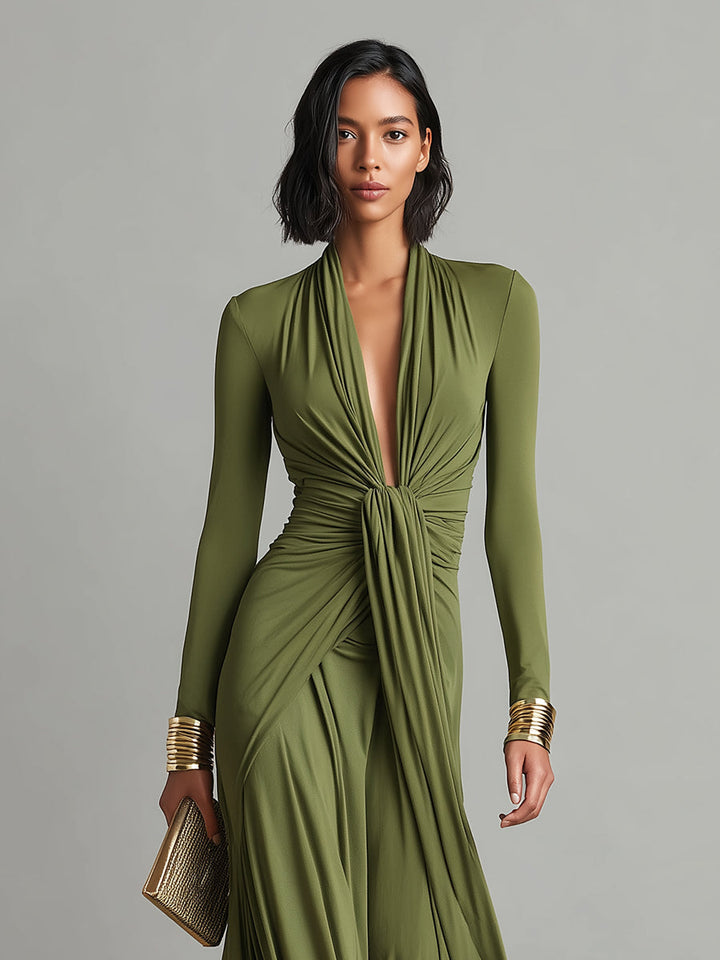 Long Olive Green Dress in Elastic Silk with Deep V-Neck and Gathered Details, Glamorous Maxi Dress