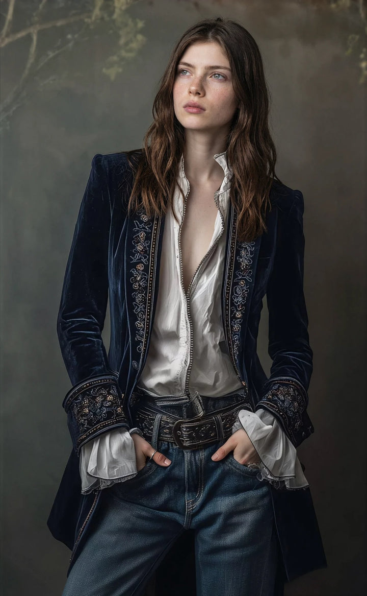 Federica | Long vintage navy blue velvet jacket with embroidery